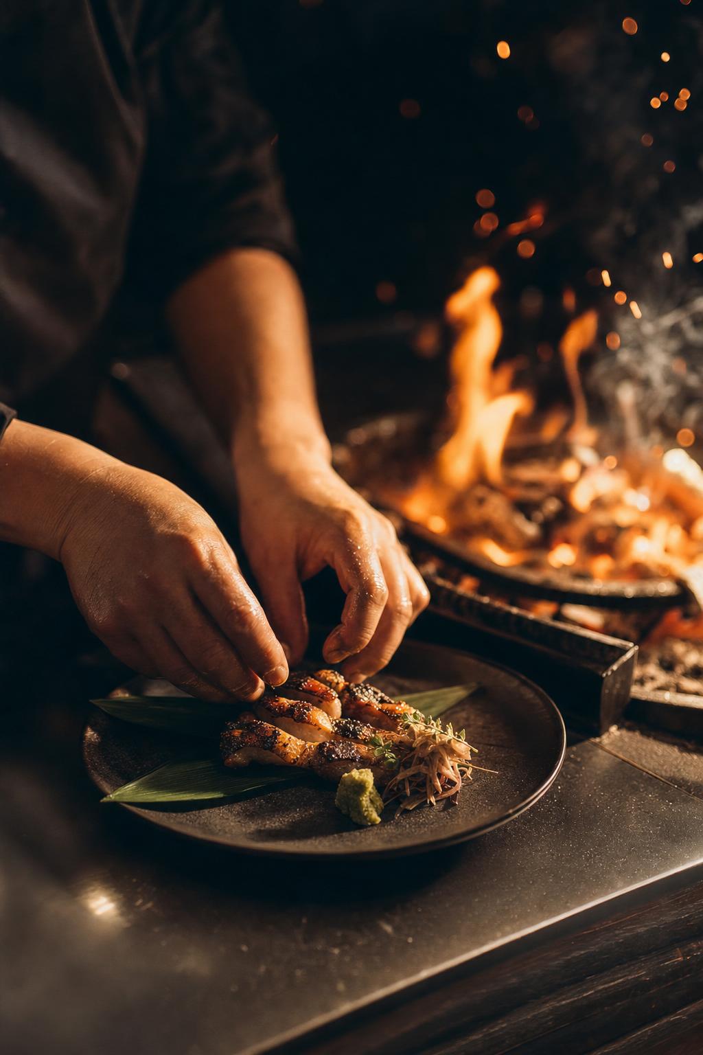 炭火を前に料理を盛り付ける職人の手